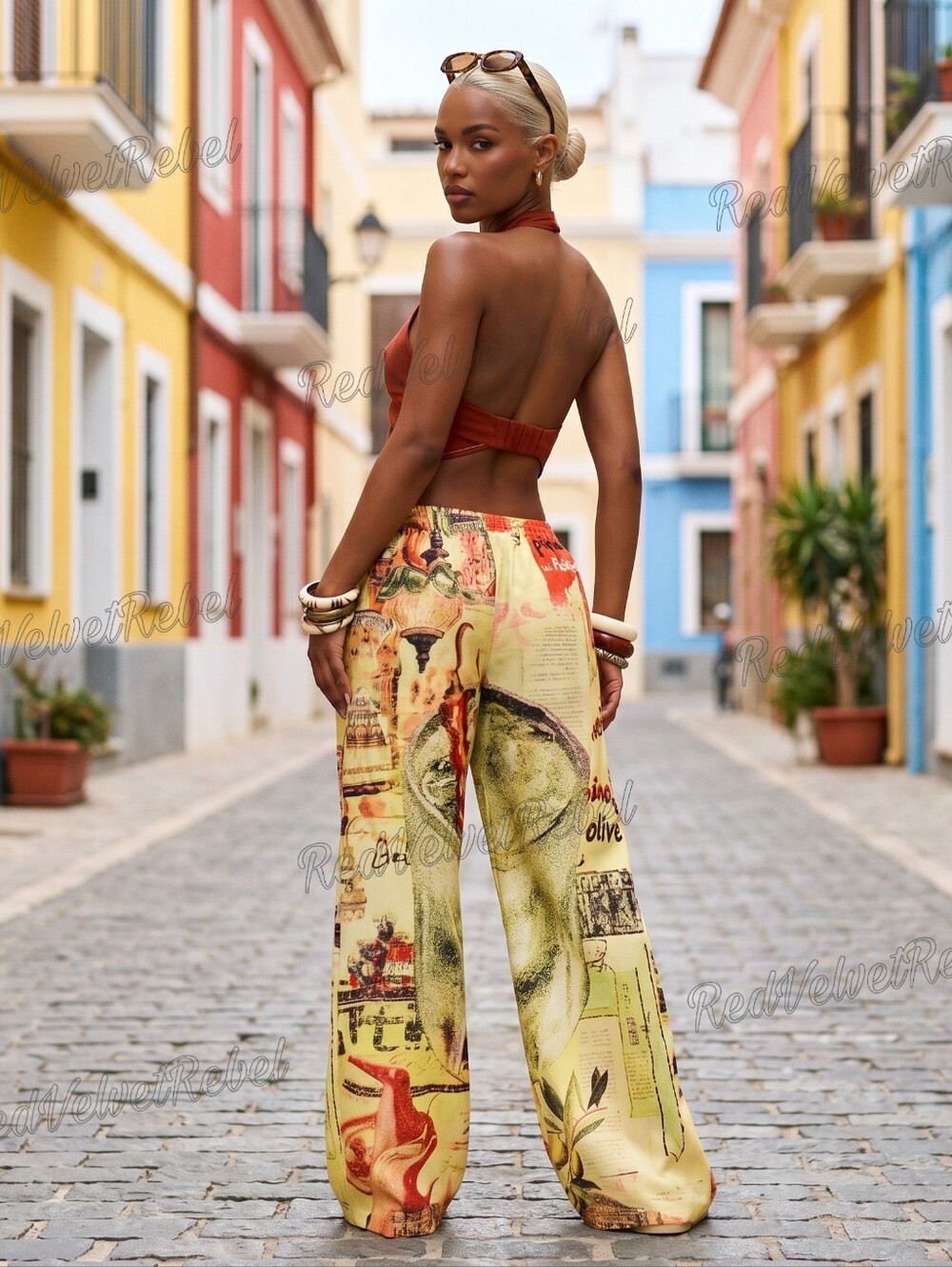 NWT Boho Tropical Linen Printed Tie Waist Wide Leg Summer Ibiza Trousers - Picture 4 of 7